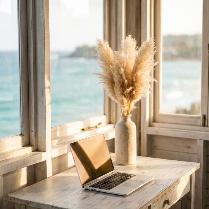 Geld verdienen mit einem Blog: Laptop auf einem hellen Schreibtisch mit Blick aufs Meer