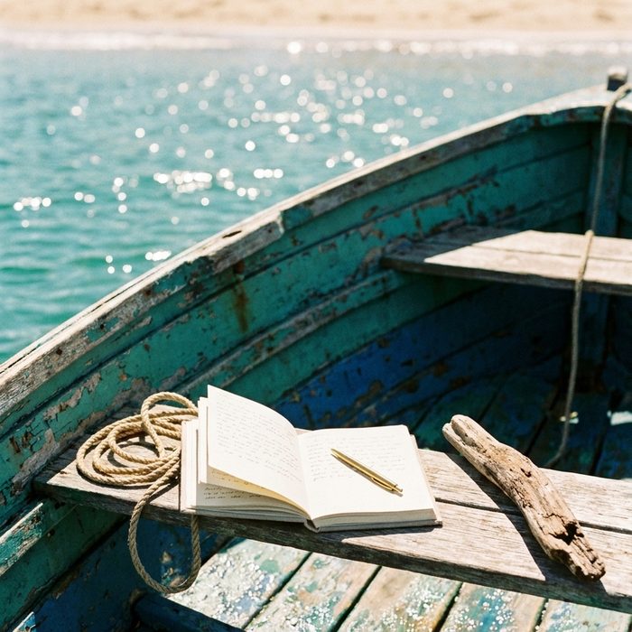 Claude für dein Business: Aufgeschlagenes Buch und Seil im Boot auf ruhigem Wasser