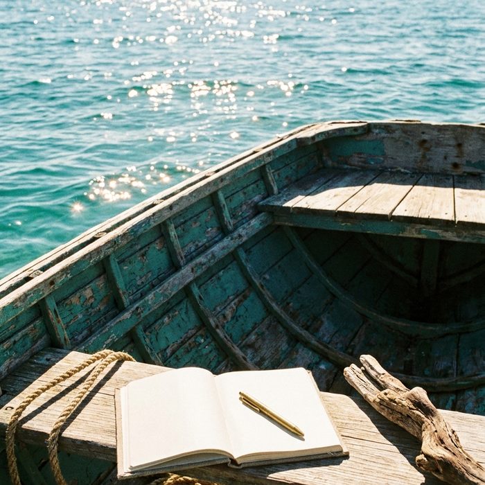 Claude für dein Business: Ruhiges Holzboot mit Notizbuch und Tau