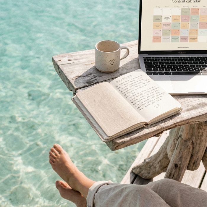 Content erstellen mit künstlicher Intelligenz: Laptop und Notizbuch, im Hintergrund flaches Wasser
