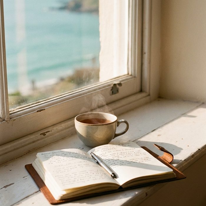 Content erstellen mit künstlicher Intelligenz: Notizbuch und Tasse auf der Fensterbank im Morgenlicht