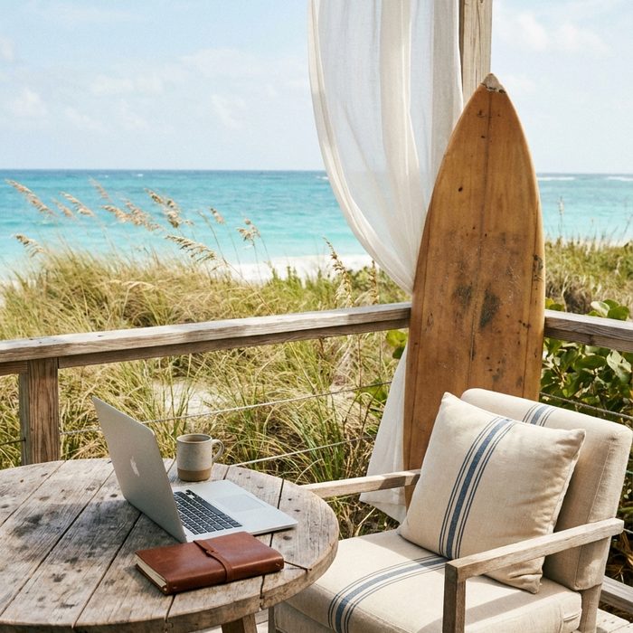 Content erstellen mit künstlicher Intelligenz: Arbeitsplatz auf der Terrasse, daneben ein Surfbrett