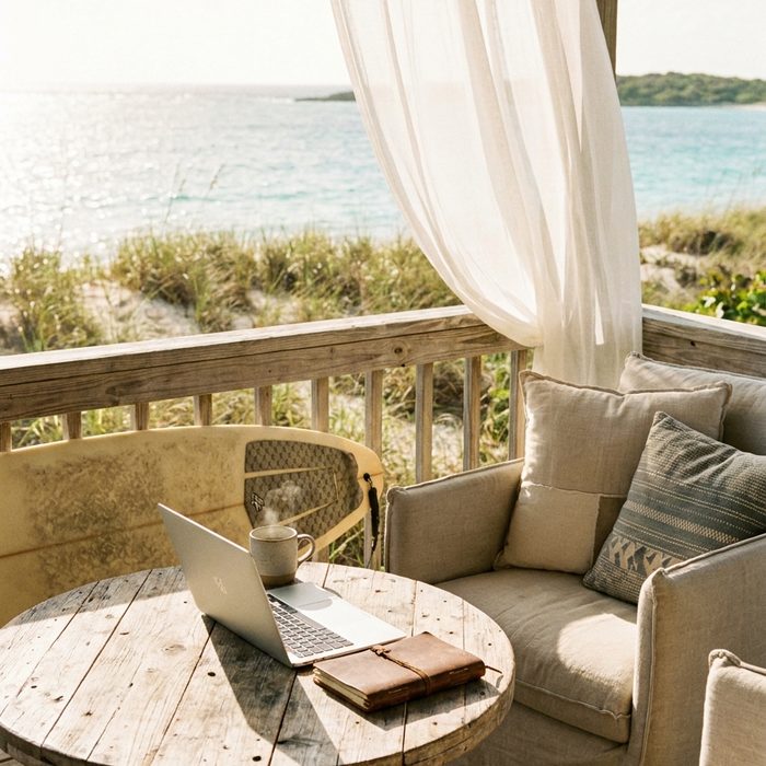 Content erstellen mit künstlicher Intelligenz: Laptop auf einem runden Tisch auf der Terrasse am Meer