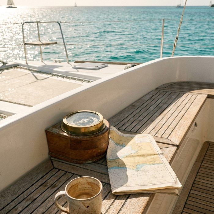 EU AI Act: Notizbuch und Tasse auf dem Teakdeck eines Segelboots
