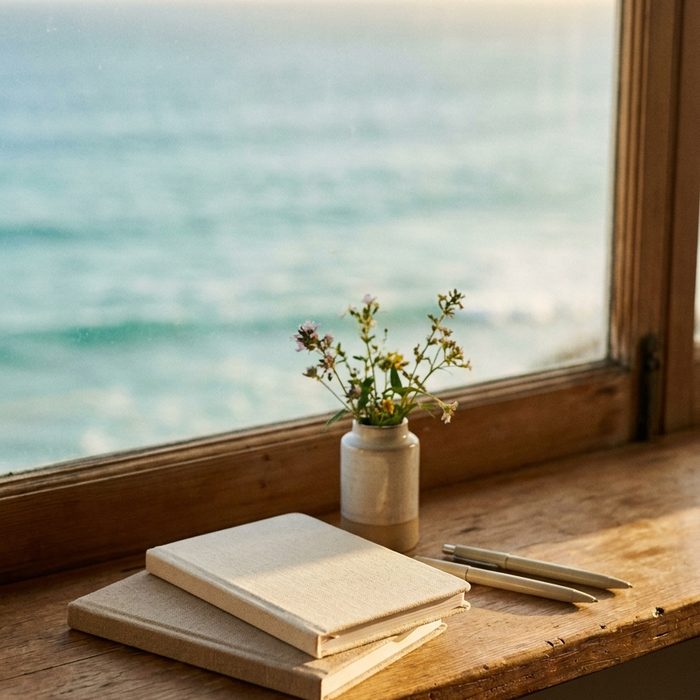 Freebie erstellen mit künstlicher Intelligenz: Aufgeschlagenes Buch auf der Fensterbank mit Meerblick