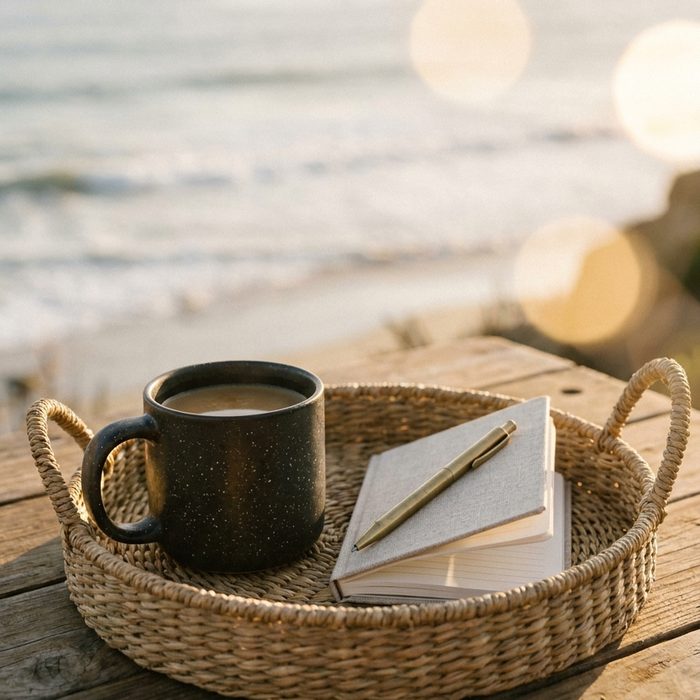 Freebie erstellen mit künstlicher Intelligenz: Tablett mit Notizbuch und Tasse im warmen Licht