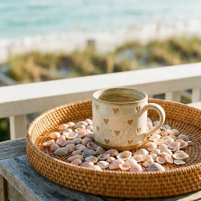Freebie erstellen mit künstlicher Intelligenz: Korbtablett mit einer Tasse und Muscheln auf der Terrasse