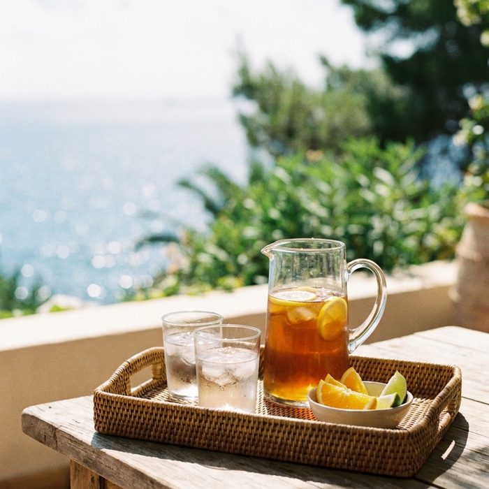 Freebie erstellen mit künstlicher Intelligenz: Serviertablett mit Getränk und Glas vor dem Meer