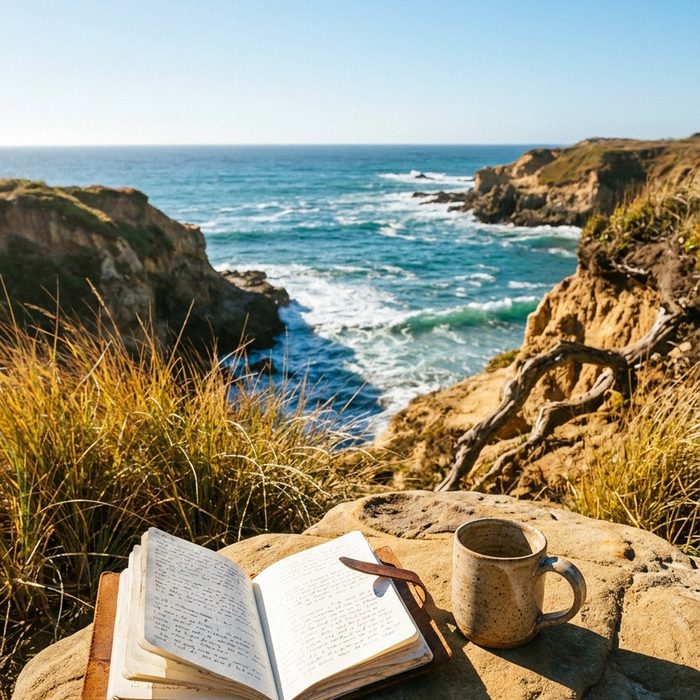 Künstliche Intelligenz im Business: Buch und Tasse auf einem Felsvorsprung mit Blick auf die Küste