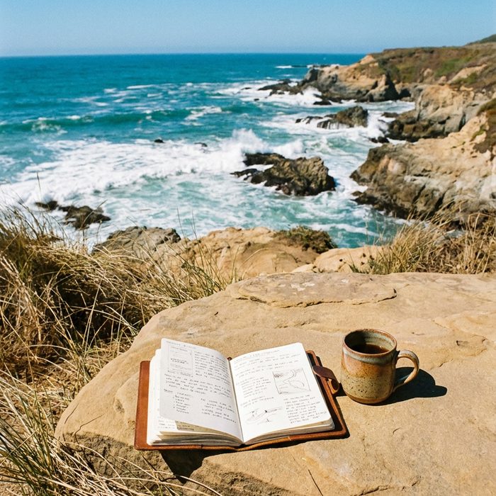 Künstliche Intelligenz im Business: Aufgeschlagenes Buch im Dünengras mit weitem Blick aufs Meer