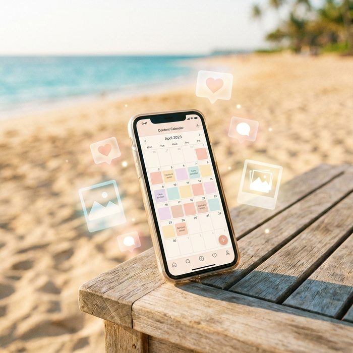 Geld verdienen mit Pinterest: Handy auf einem Holztisch, dahinter Strand und Palmen