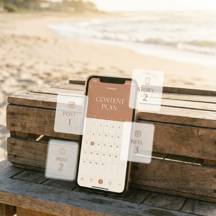 Geld verdienen mit Pinterest: Mehrere Bildkarten auf einem hellen Holztisch am Strand