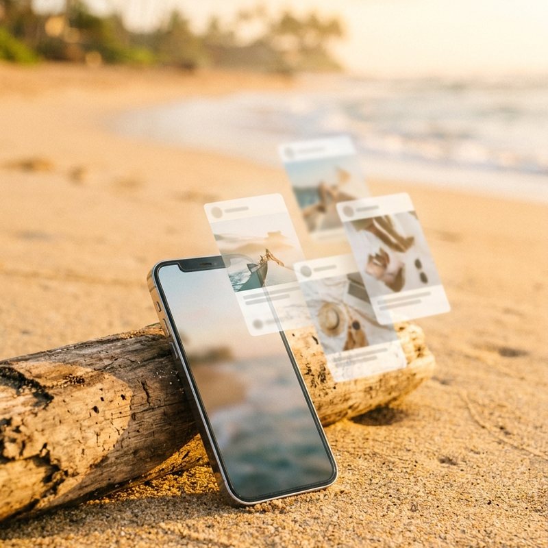 Geld verdienen mit Pinterest: Handy am Strand zeigt gesuchte Pins als Bildkarten