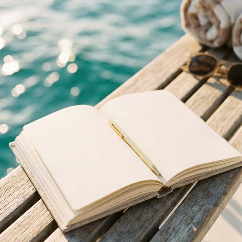 Aufgeschlagenes Notizbuch am Wasser: der Plan für den eigenen Pinterest-Kanal