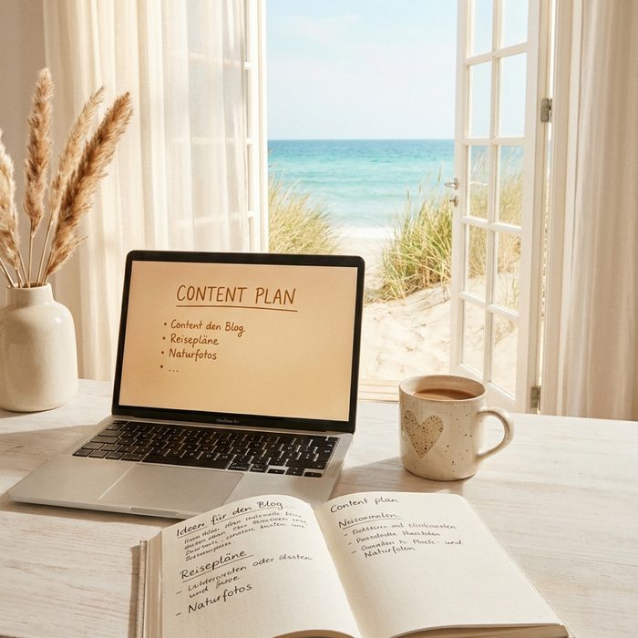 Digitale Produkte erstellen: Arbeitsplatz mit Laptop vor der offenen Tür zum Strand