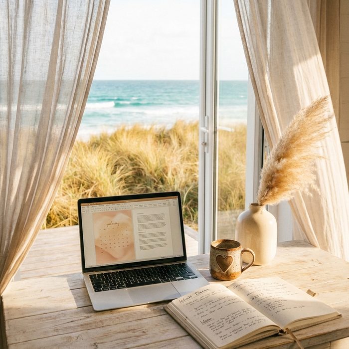 Digitale Produkte erstellen: Laptop auf hellem Holz, dahinter Dünen und Meer