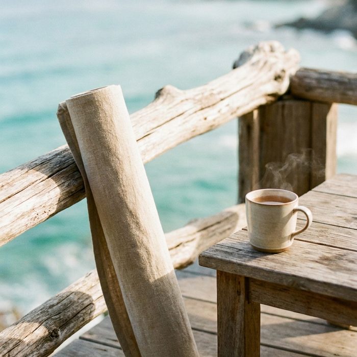 ChatGPT und Claude Prompts auf Deutsch: Schlichte Holzbank mit einer Tasse vor dem Wasser