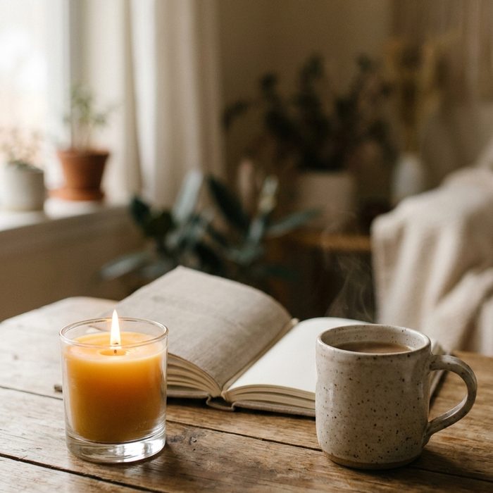 ChatGPT und Claude Prompts auf Deutsch: Notizbuch, Tasse und eine brennende Kerze am Fenster